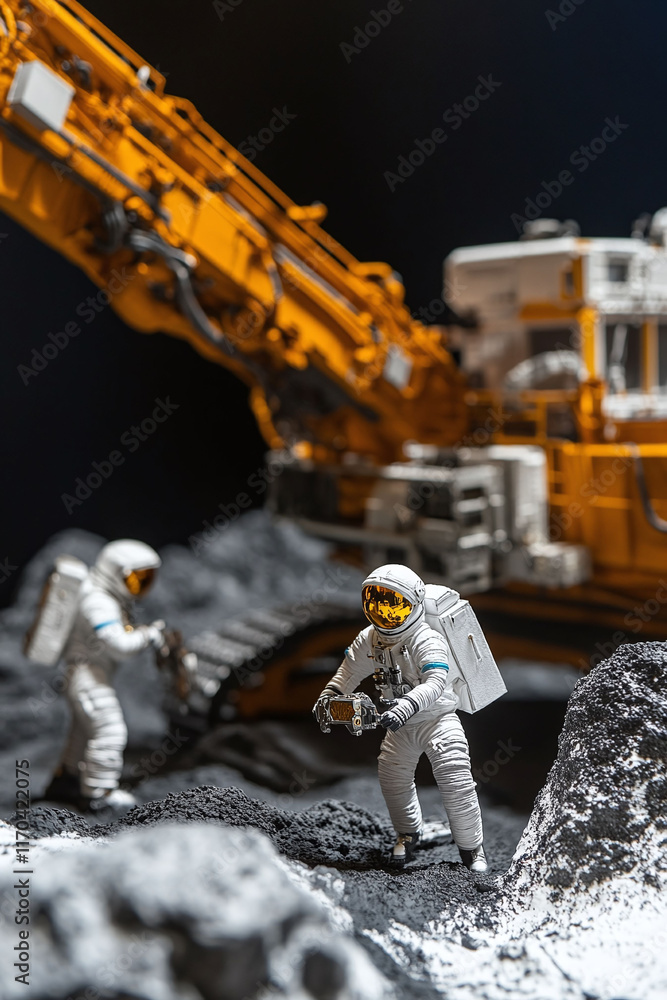 Poster astronauts mining resources on an asteroid in deep space using cutting-edge machinery. humanity's ex