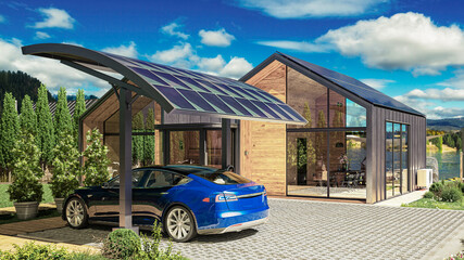 Solar Energy Supply for a Charging Station for Electric Car at Vacation Home  - 3D Visualization