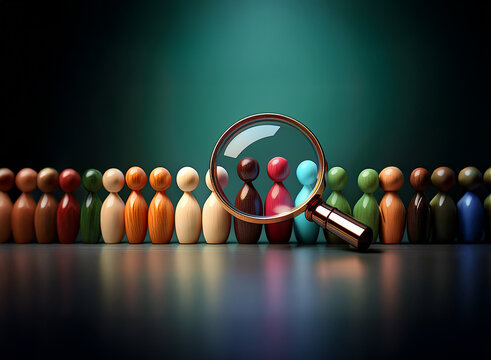 A magnifying glass focuses on a diverse group of wooden figurines, highlighting the importance of individual selection from a large pool of candidates.  The image emphasizes careful scrutiny and diver
