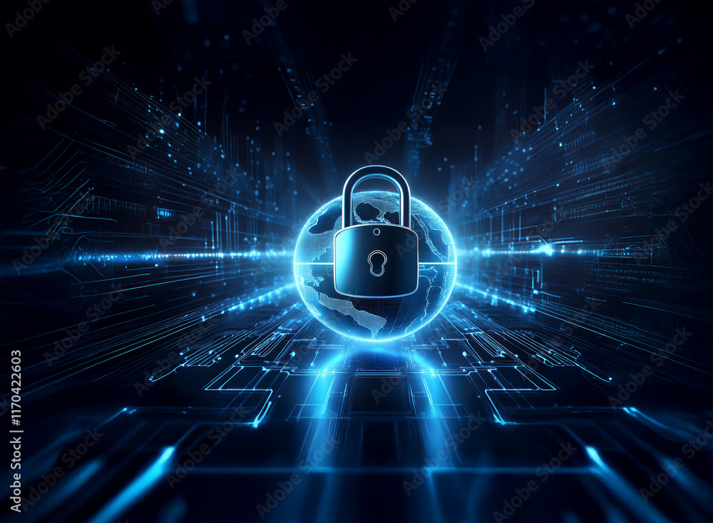 Poster a glowing digital padlock secures a futuristic globe, symbolizing global cybersecurity and data prot