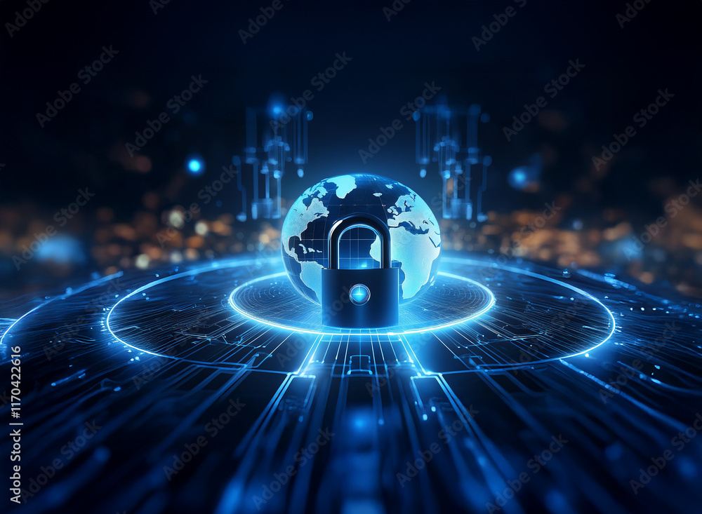Poster a glowing padlock secures a digital globe, surrounded by a futuristic, data-driven energy field, rep