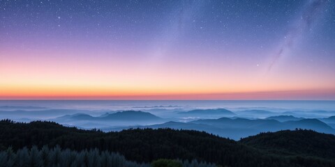 Serene Twilight Panorama Starry Night Sky Over Misty Mountain Ranges