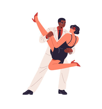Couple in dress, suit dances hustle in competition. Dancers perform with passion together. Partners performers move with Latin music, show zouk in class. Flat isolated vector illustration on white