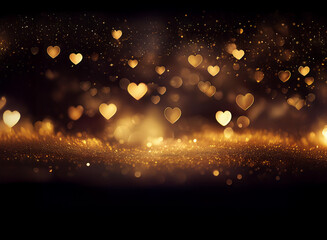 Obraz premium Shimmering golden hearts float on a dark, glittering background. A magical, romantic scene perfect for Valentine's Day or any celebration of love.