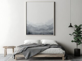 simple white mockup frame above modern wooden side table