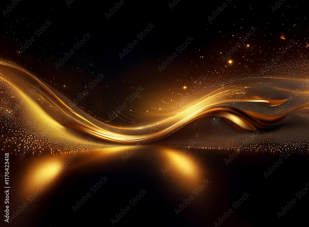 Poster golden, luminous waves flow across a dark background, shimmering with glittering particles. the eleg