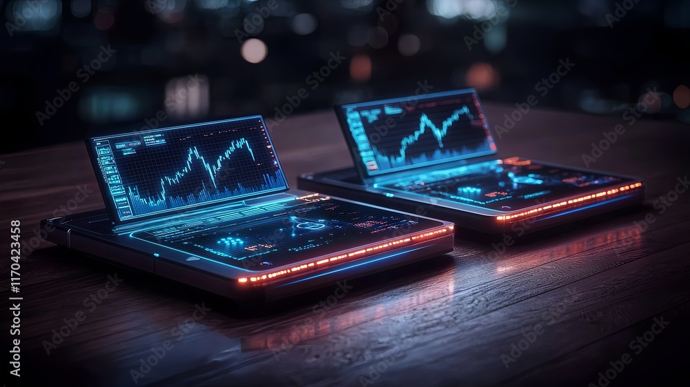 Poster futuristic representation of quantum computing forecasting market trends with holographic financial 