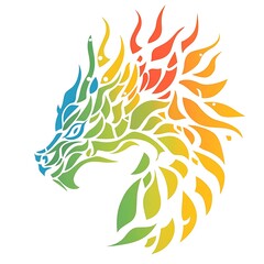 A colorful dragon silhouette with flowing flames and scales.