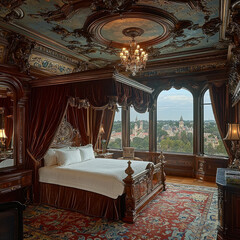 Luxurious bedroom with canopy bed, ornate ceiling, and city view.