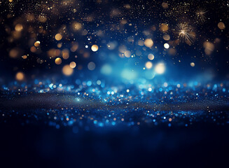 Fototapeta premium Deep blue background with shimmering gold and blue glitter, creating a magical, festive atmosphere. Sparkling lights and bokeh effects add to the enchanting scene.