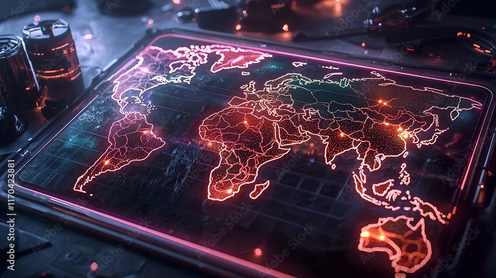 Poster a futuristic map by quantum computing forecasting agricultural crop yields with glowing regional hea