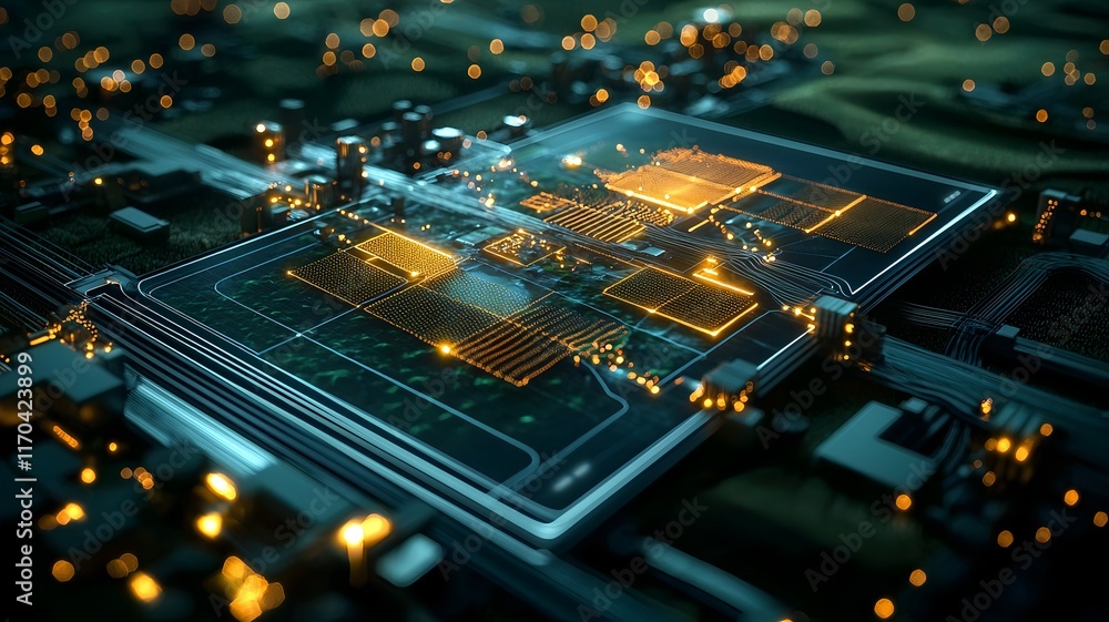 Poster futuristic map created using quantum computing technology forecasting agricultural crop yields with 