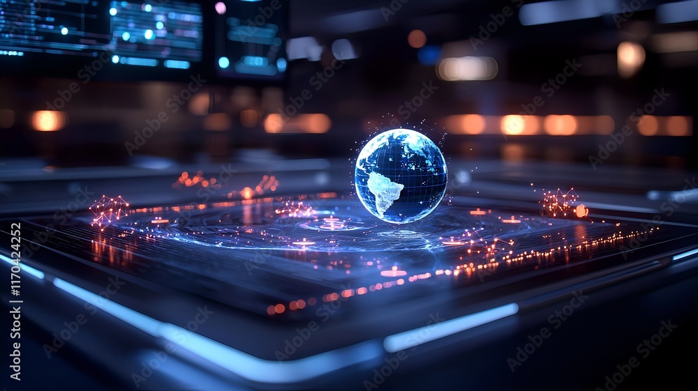 Poster futuristic scene depicting quantum computing technology forecasting the impacts of climate change ho