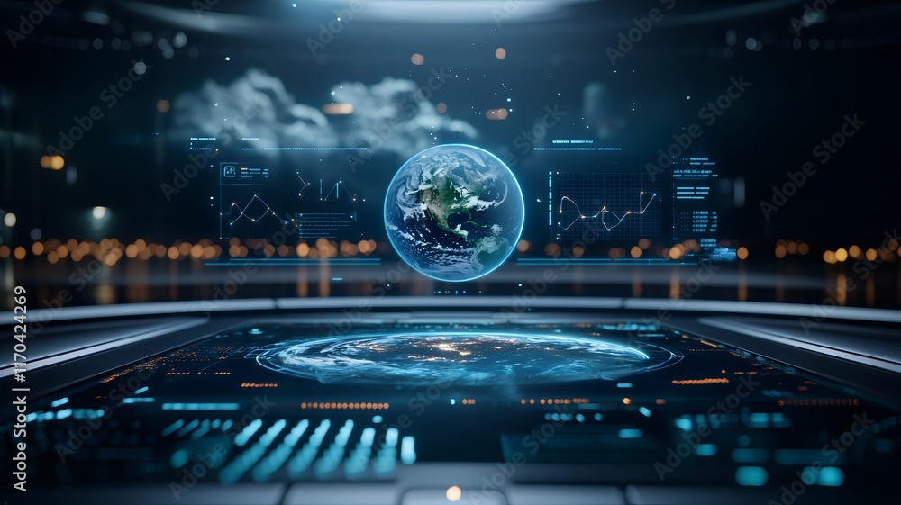 Aufkleber a futuristic scene of quantum computing forecasting climate change impacts with holographic earth mo