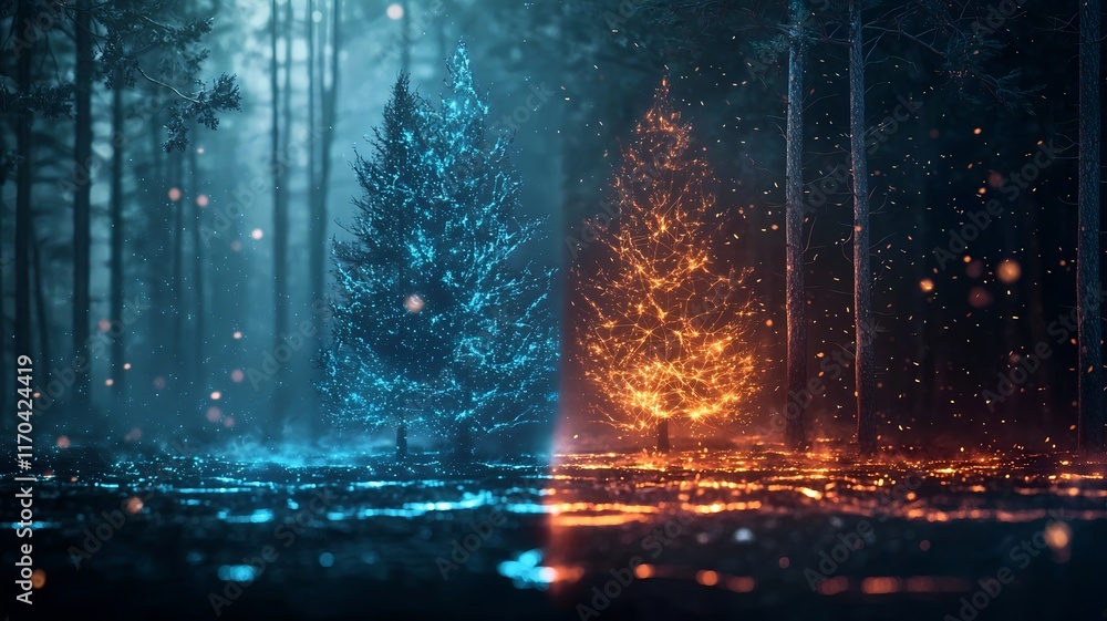Poster quantum powered virtual twin simulation forecasting forest fire spread patterns with glowing heat ma