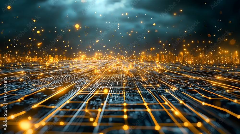 Poster quantum powered urban traffic forecasting visualized with glowing city grids and dynamic traffic flo