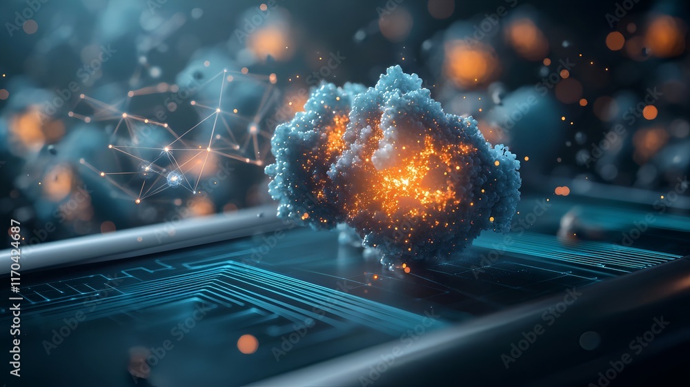 Poster Futuristic visualization of quantum computing technology predicting space weather events with glowing particle clouds and magnetic field models leaving copy space on the left