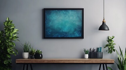 minimalist picture frame mockup above sleek desk with plants