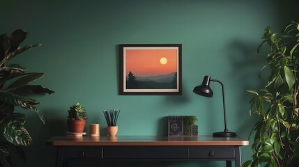 minimalist picture frame mockup above sleek desk with plants