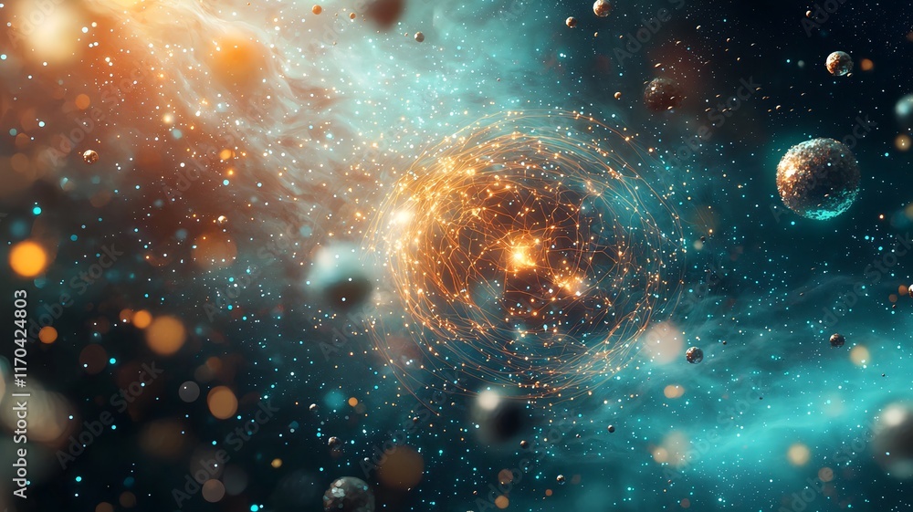 Poster Futuristic visualization of a quantum computing system simulating and predicting space weather events with glowing particle clouds and magnetic field models