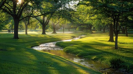 Naklejka premium A serene park scene with sunlight filtering through trees and a gentle stream.