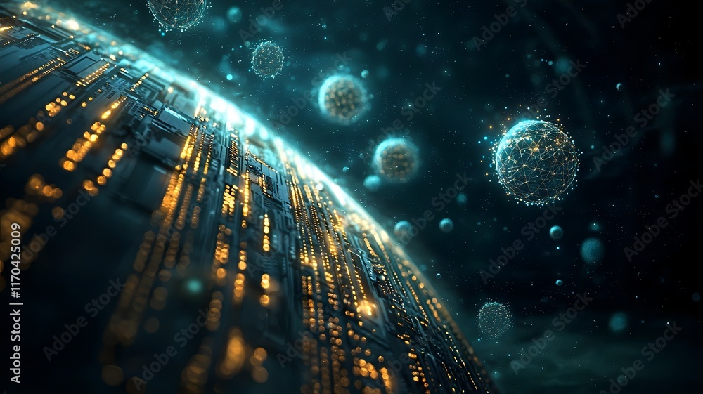 Poster A photograph of a quantum computer predicting global weather patterns visualized with glowing data streams forming atmospheric models leaving copy space at the top