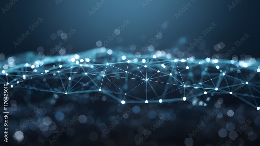 Aufkleber futuristic blue particle wave with a dynamic network of lines and glowing dots in cyberspace