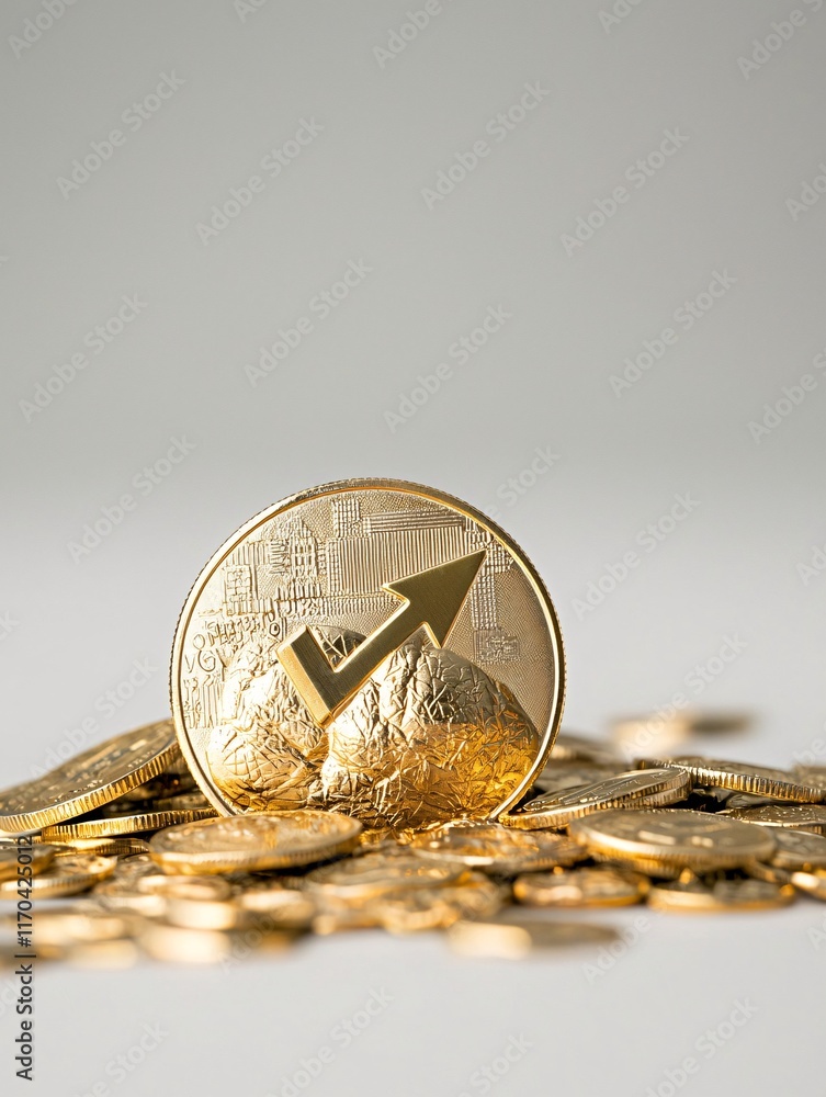 Poster gold coin with a down arrow embedded, symbolizing the fall in interest returns