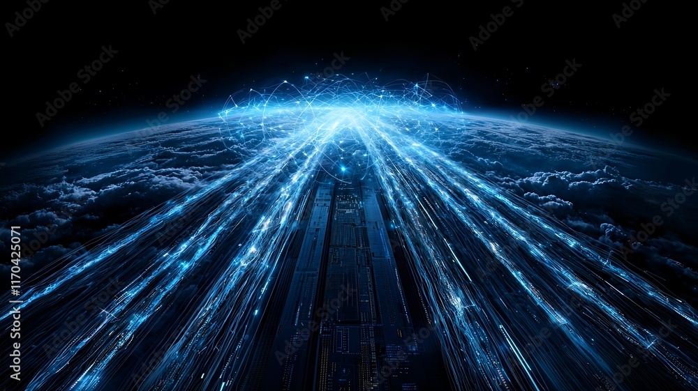 Poster Futuristic image of a quantum computer predicting global weather patterns with glowing data streams forming atmospheric models and leaving copy space at the top for text overlay