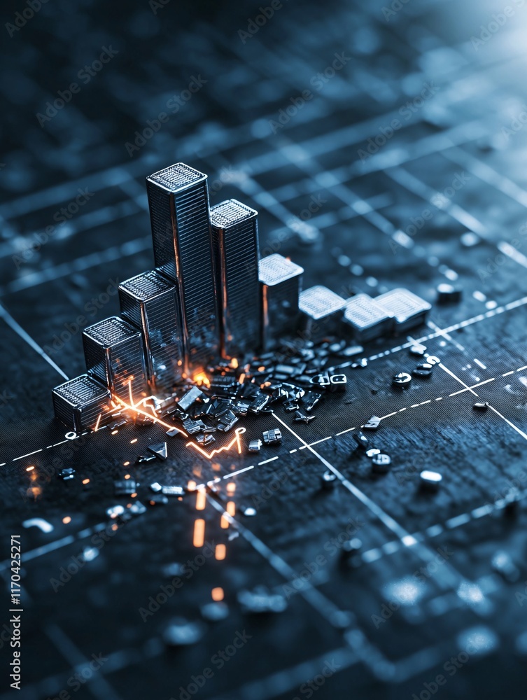 Poster digital graph showing sharp declines in interest rates, global financial crisis concept