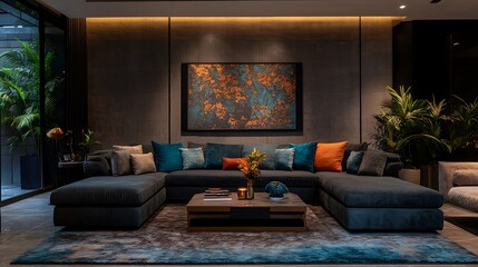 blank frame in luxury modern living room with chic decor