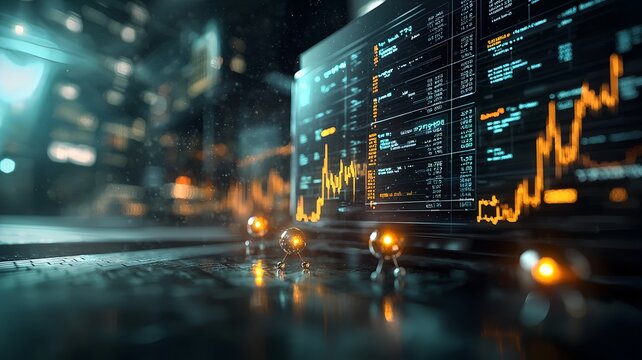 Futuristic representation of quantum computing technology forecasting and analyzing market trends with holographic financial data visualizations illuminated by quantum nodes