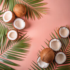 Halved coconuts and palm leaves arranged on a pastel pink background. A composition perfect for tropical-themed advertisements, AI Generation