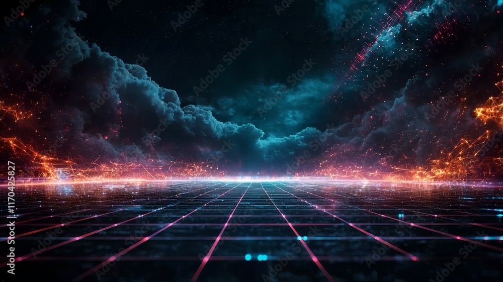 Poster quantum enhanced energy consumption forecast with holographic grids and glowing data streams