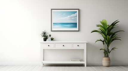 picture frame mockup above white console table in open airy space
