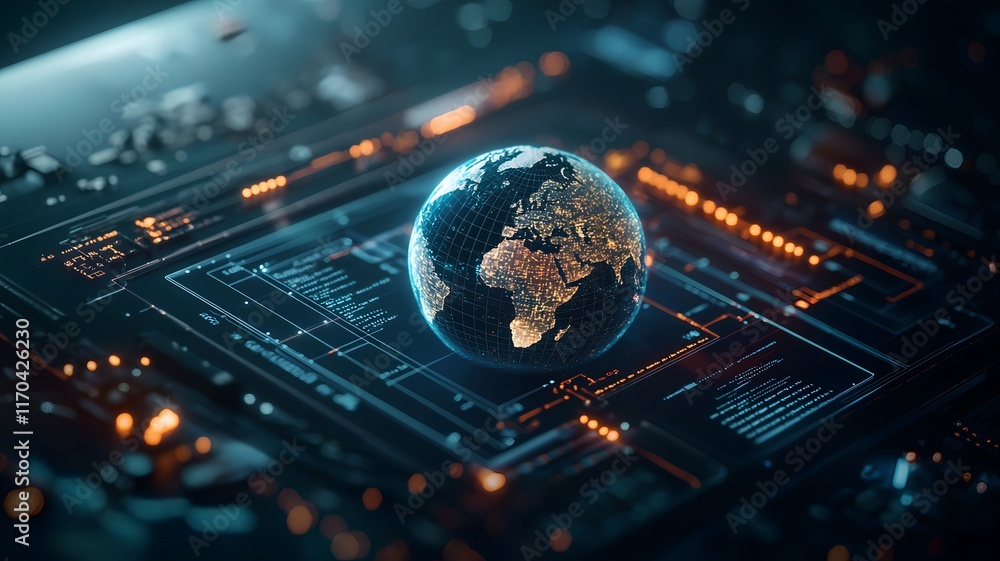 Poster futuristic scene of quantum computing technology forecasting the impacts of climate change featuring