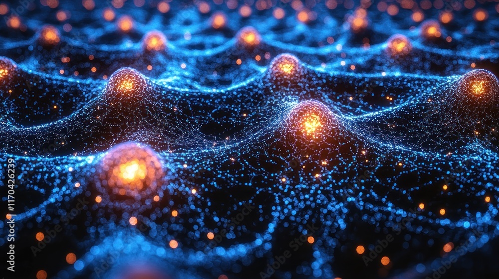 Poster abstract network visualization: glowing nodes and connections in a digital landscape