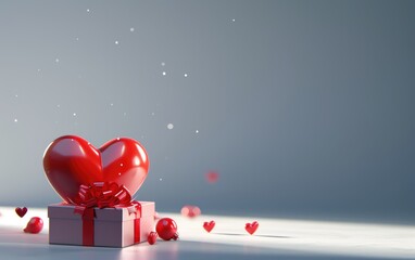 Romance Pink Gift Box With Bow And Ornaments Red Heart Shaped In Backdrop