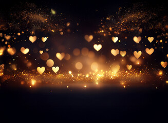 Fototapeta premium Dark background with golden heart-shaped bokeh lights and glittering sparkles, creating a romantic and magical ambiance.