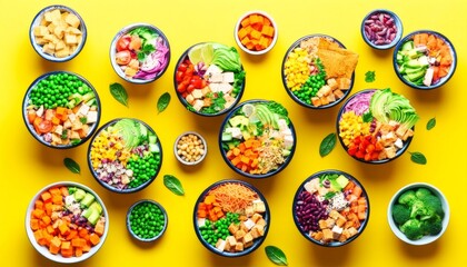 Bright and Colorful Top Down View of Healthy Bowls of Fresh Ingredients on Yellow Background