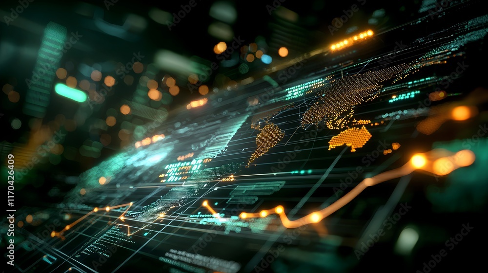 Poster detailed quantum simulation of economic forecasting with glowing virtual twin models displaying gdp 
