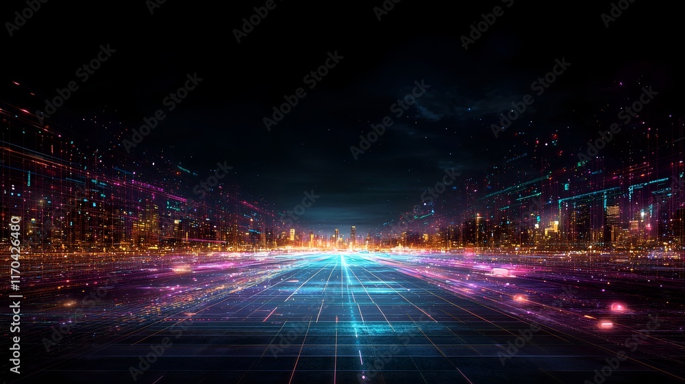 Poster a futuristic visualization of quantum powered urban traffic forecasting featuring glowing city grids