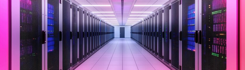 Fototapeta premium A modern data center corridor illuminated with vibrant lights, featuring rows of server racks on either side.