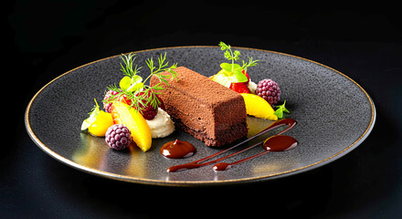 Chocolate dessert plated on a black ceramic plate