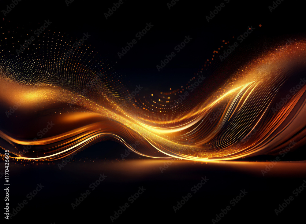 Aufkleber abstract image of flowing, luminous gold and orange waves on a black background. the waves are dynam