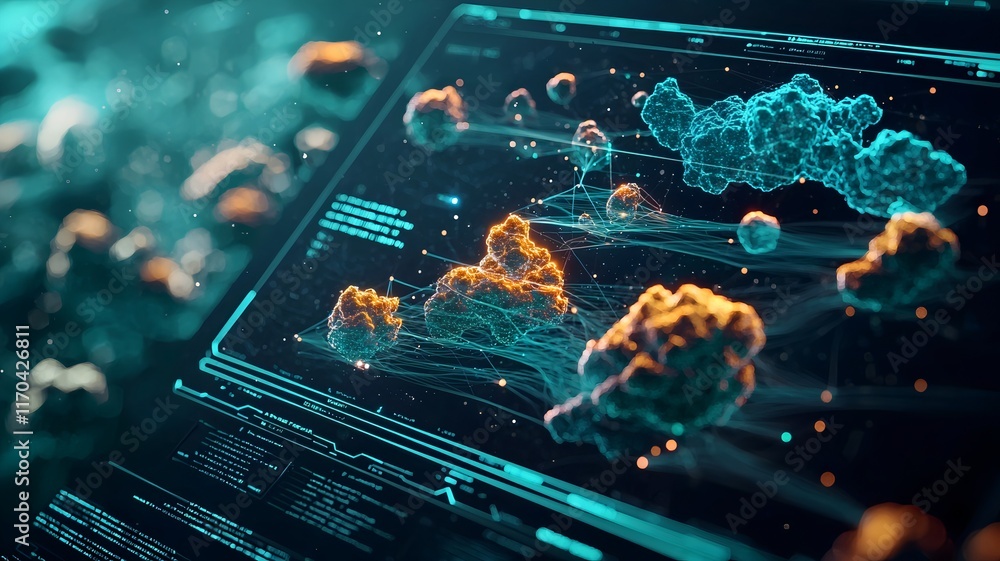 Poster Futuristic visualization of quantum computing technology predicting space weather events with glowing particle clouds and magnetic field models leaving copy space on the left for text overlay