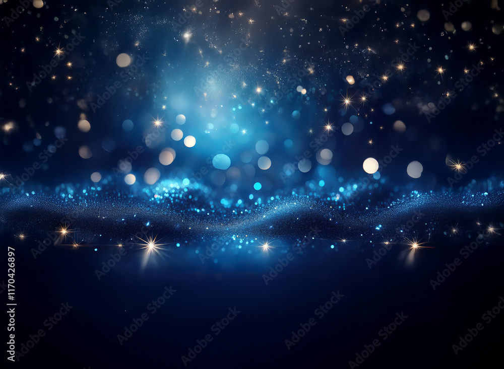 Poster a mesmerizing dark blue backdrop features a sparkling, wave-like pattern of light, evoking a sense o