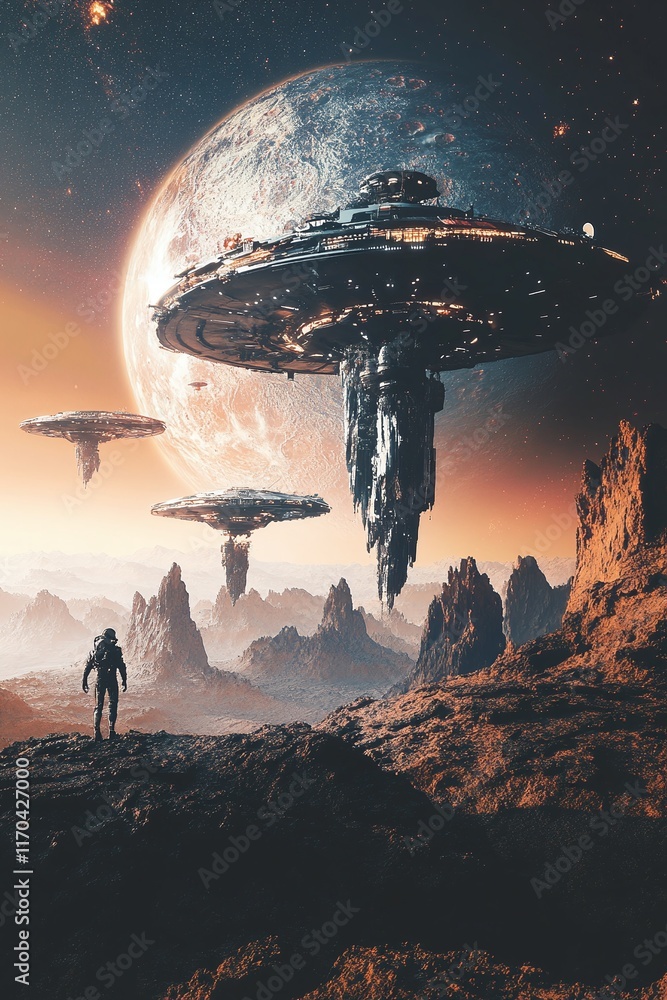 Poster explorers discovering a habitable exoplanet with massive floating islands. humanity's expansion into