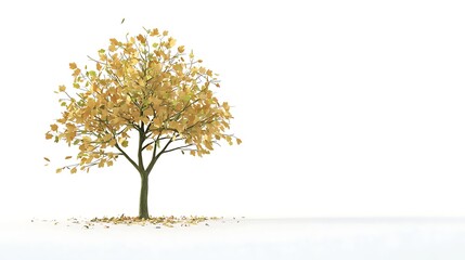 A tree with yellow leaves is standing in a field of white snow