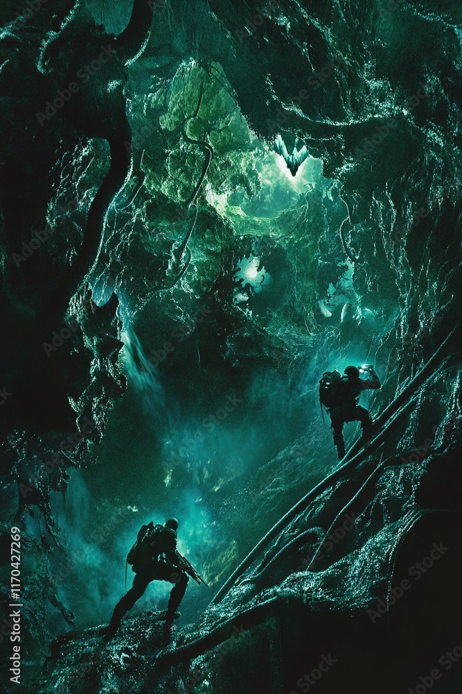 Poster explorers navigating the labyrinthine caves of a mysterious alien moon. humanity's expansion into sp